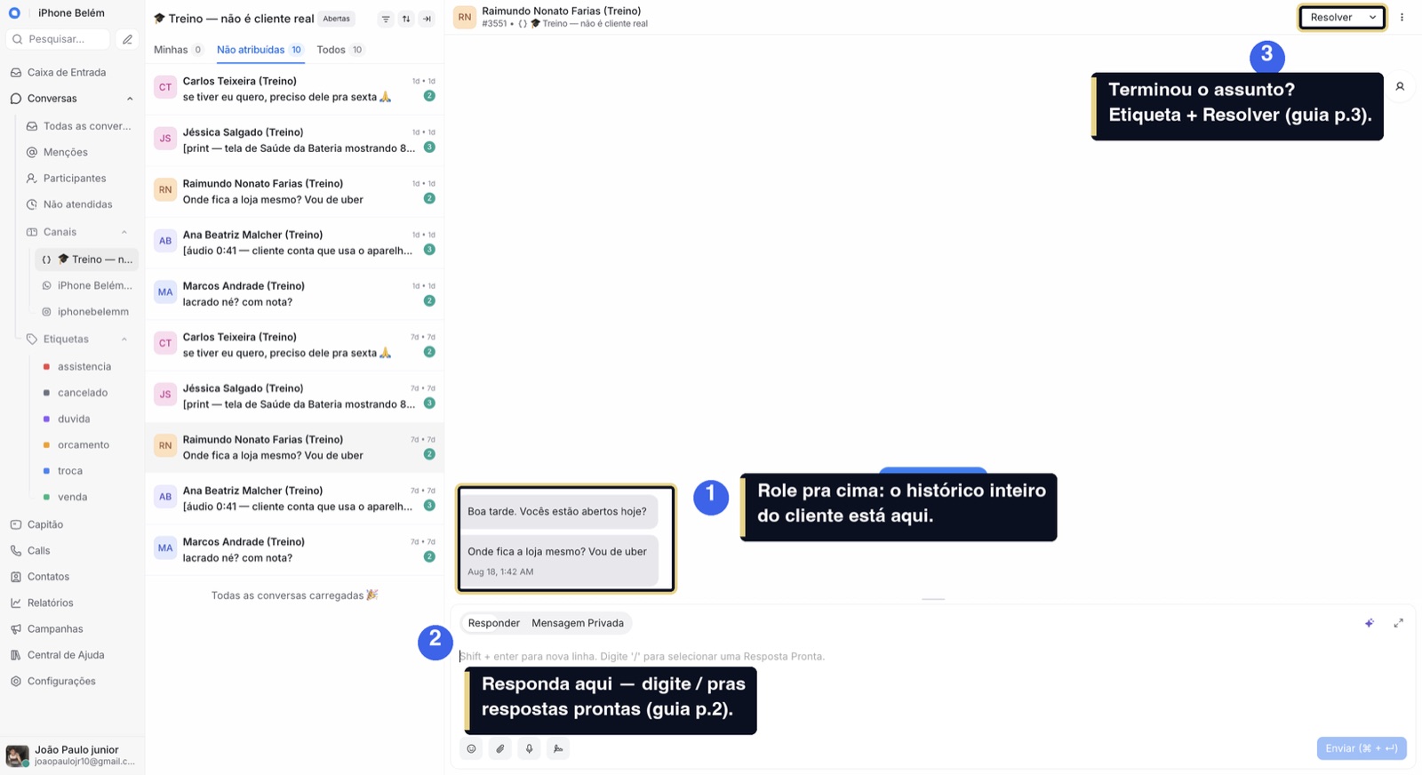Tela da plataforma com conversa de treino aberta: histórico, respostas prontas e botão Resolver.