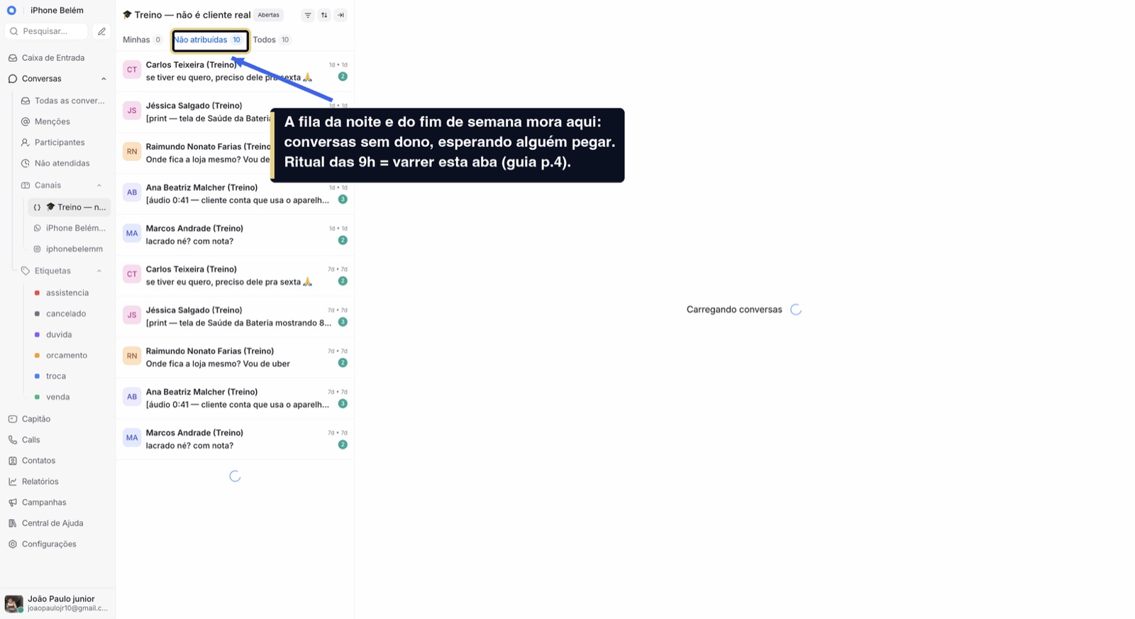 Tela da plataforma mostrando a fila de conversas não atribuídas.